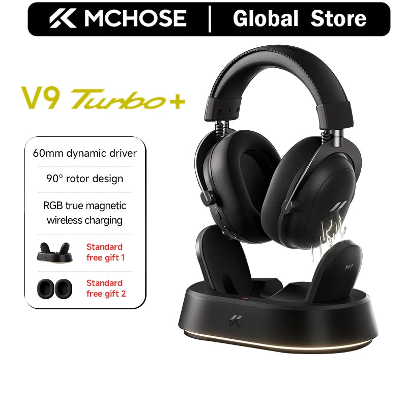 Auriculares Inalámbricos para Juegos MCHOSE V9 Turbo + con Sonido Envolvente 7.1 de 60 mm, Auriculares Profesionales para Esports con Base de Carga RGB