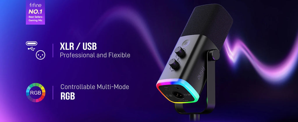 Micrófono dinámico FIFINE USB/XLR con Control RGB/conector para auriculares/mú, micrófono para grabación de juegos de PC Streaming AmpliGame-AM8
