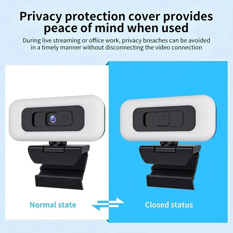 Cámara web Lenovo 2K/4K Ultra HD con enfoque automático, micrófono, luz y cubierta de protección de privacidad para transmisiones en vivo flexibles