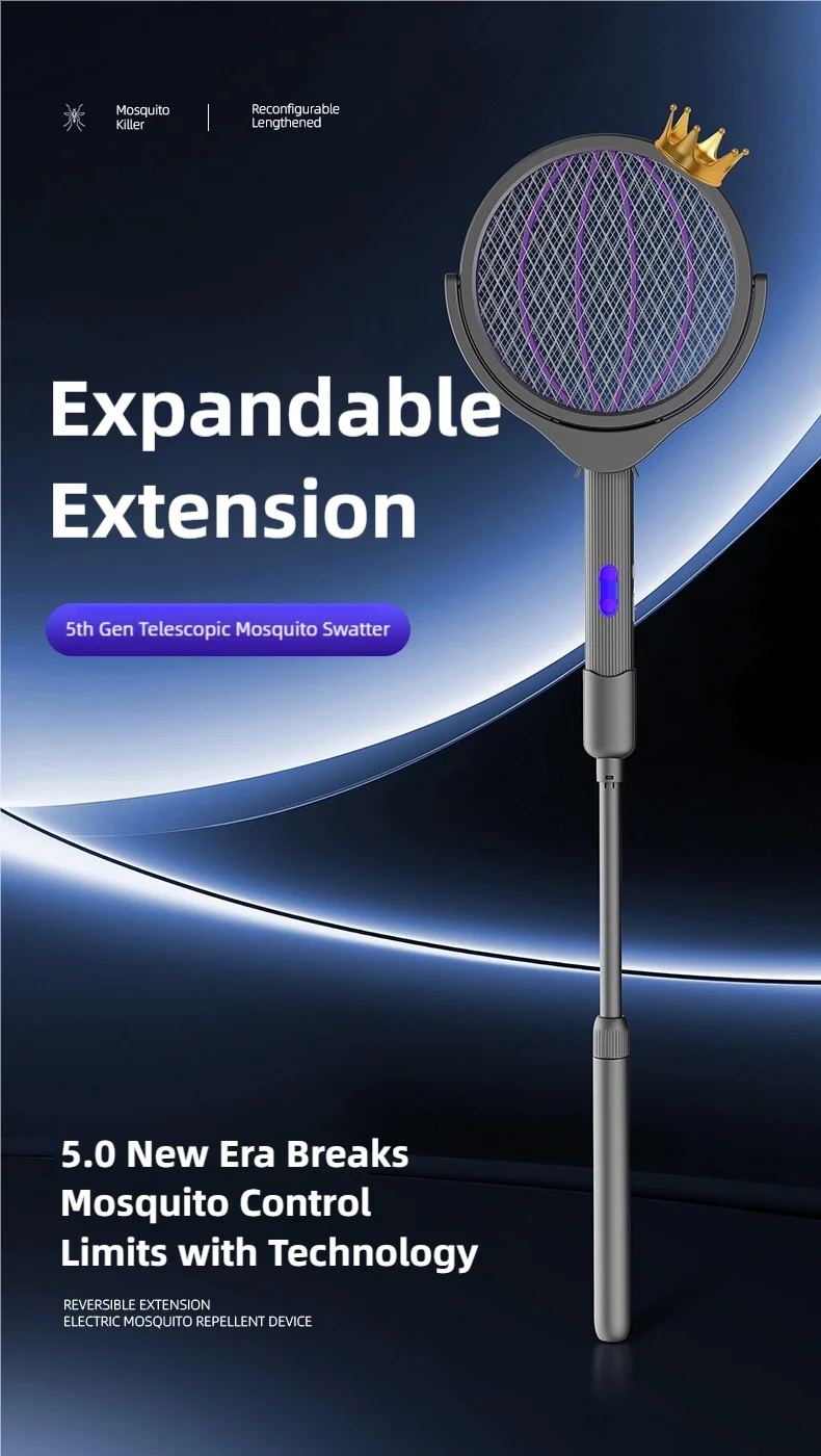 Raqueta Eléctrica Retráctil para Mosquitos TINSOL, Recargable, con Cabezal Giratorio, Mata Mosquitos de Doble Uso para Interiores y Exteriores