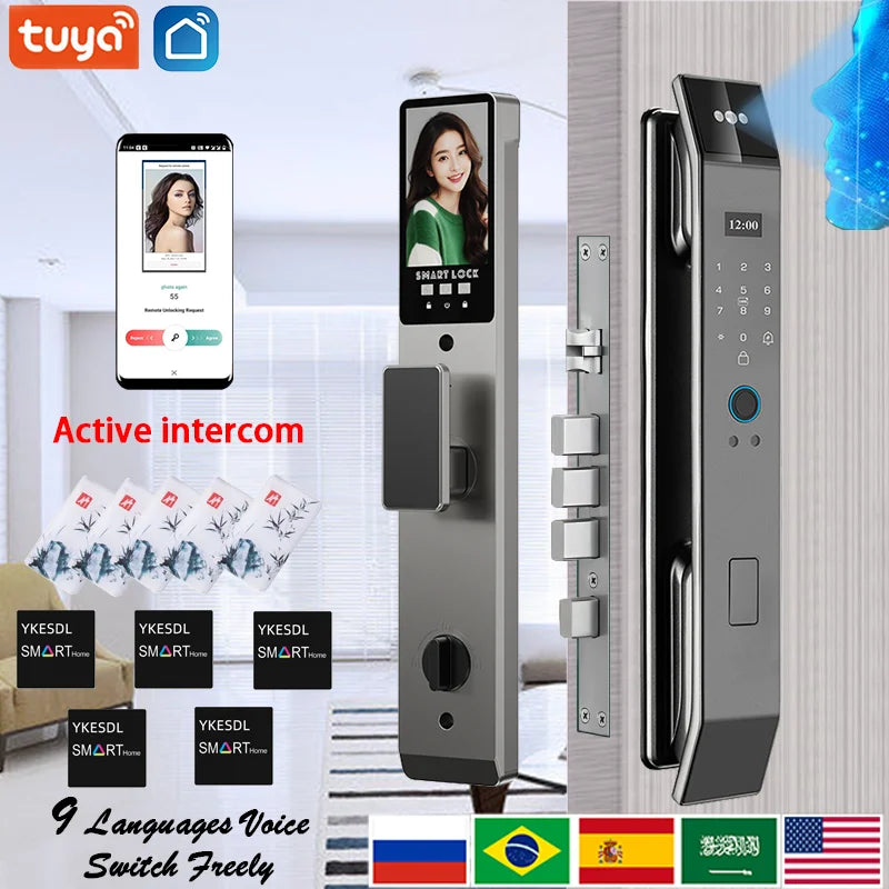 Tuya APP Smart Life APP Control intercomunicador de voz cerradura inteligente reconocimiento facial 3D contraseña de huella digital cerradura de puerta inteligente con cámara