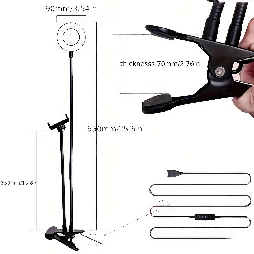 Anillo de luz para Selfie con soporte para teléfono, luz para Selfie con Clip, cuello de cisne Flexible ajustable, lámpara de anillo de escritorio 2 en 1 para transmisión en vivo