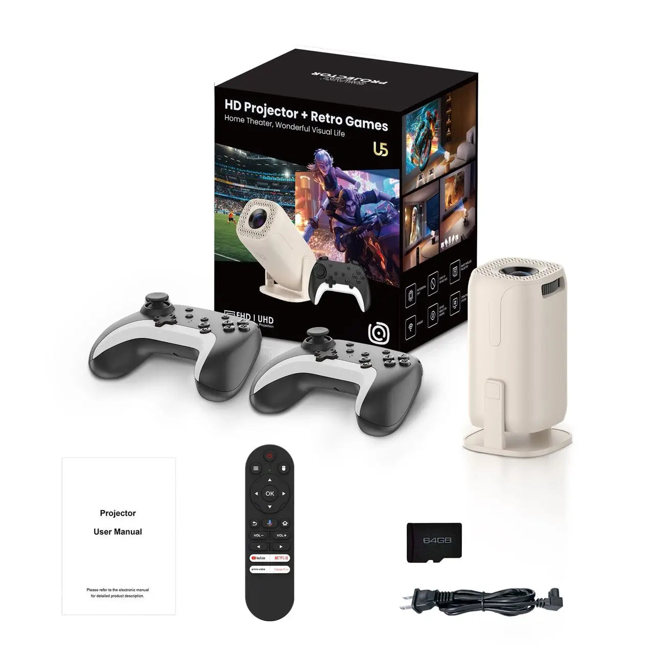 Proyector de Videojuegos Salange U5 con Android 14, Compatible con Netflix Oficialmente Licenciado, Más de 36000 Juegos, Control Remoto Inalámbrico con Bluetooth y Control por Voz