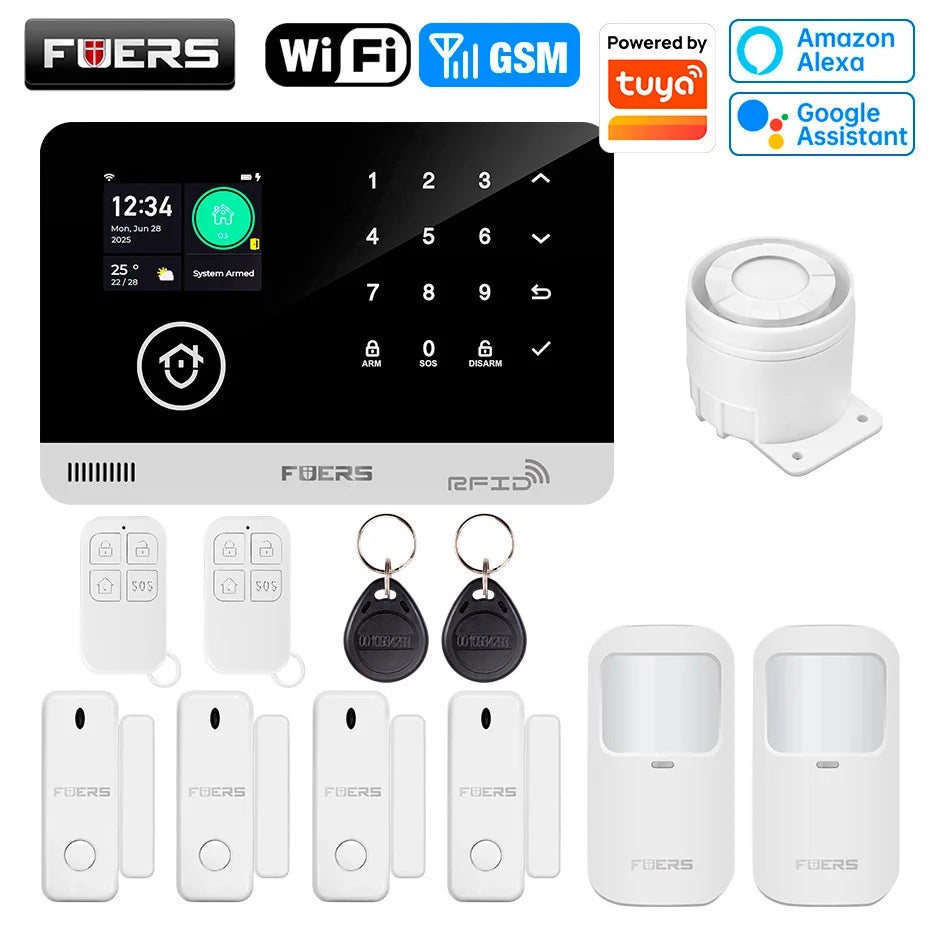 Sistema de alarma FUERS para el hogar TUYA WIFI inteligente GSM alarma de seguridad Host con Sensor de movimiento de puerta Tuya aplicación inteligente control trabajo Alexa