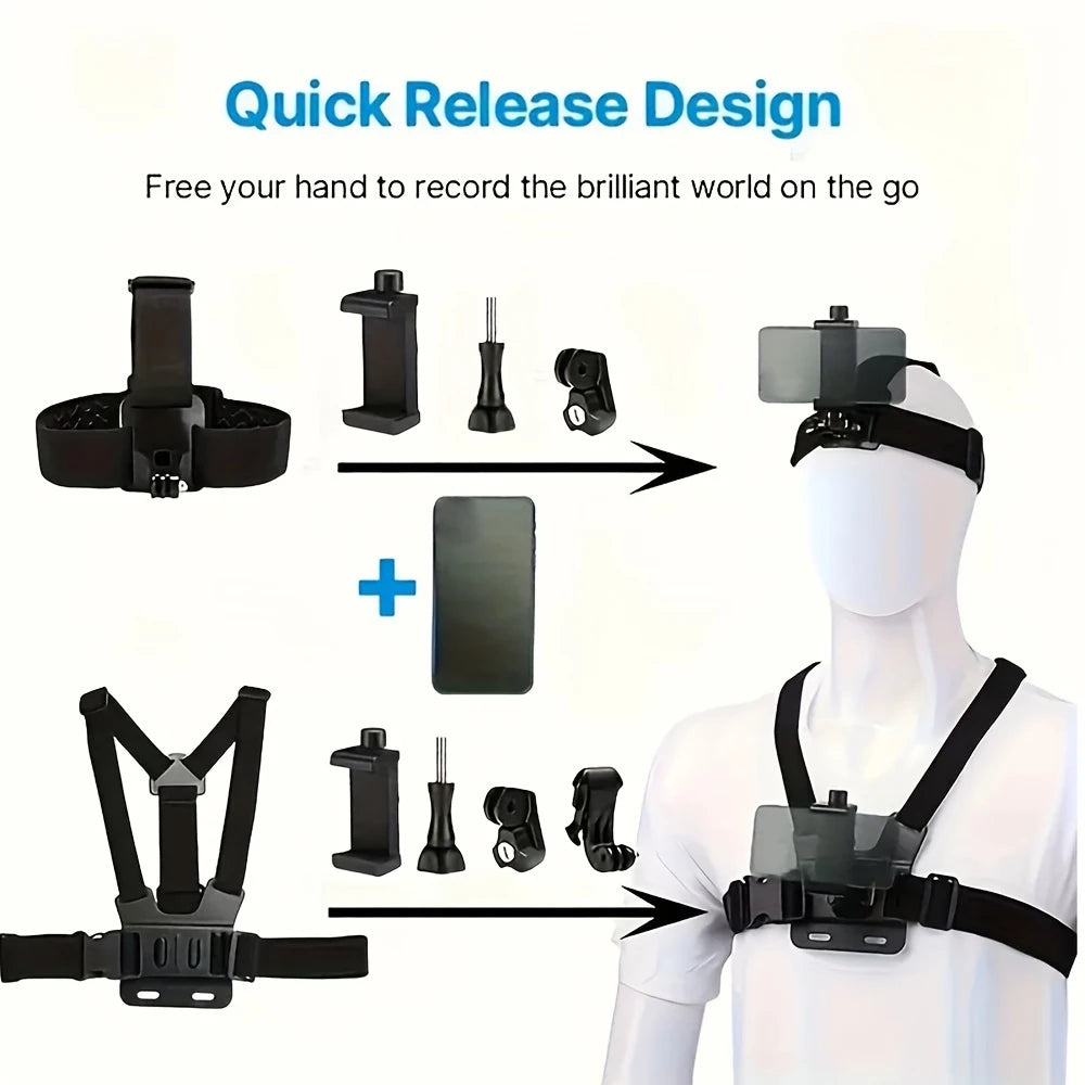 Kit de accesorios para Cámara de Acción todo en uno, correa para la cabeza, soporte para correa para el pecho, ajustable para GoPro Hero Phone Osmo SJCAM AKASO insta360