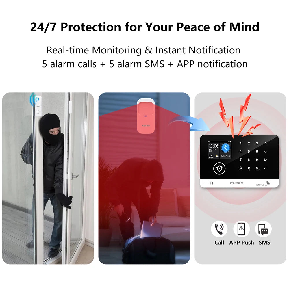 Sistema de alarma FUERS para el hogar TUYA WIFI inteligente GSM alarma de seguridad Host con Sensor de movimiento de puerta Tuya aplicación inteligente control trabajo Alexa
