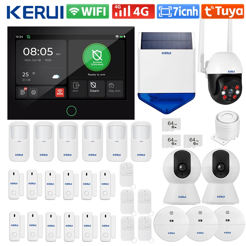 KERUI Tuya WiFi + sistema de alarma para el hogar 4G con Panel de pantalla táctil grande de 7 pulgadas conjunto de alarma FSK / ASK para protección de seguridad del hogar G70
