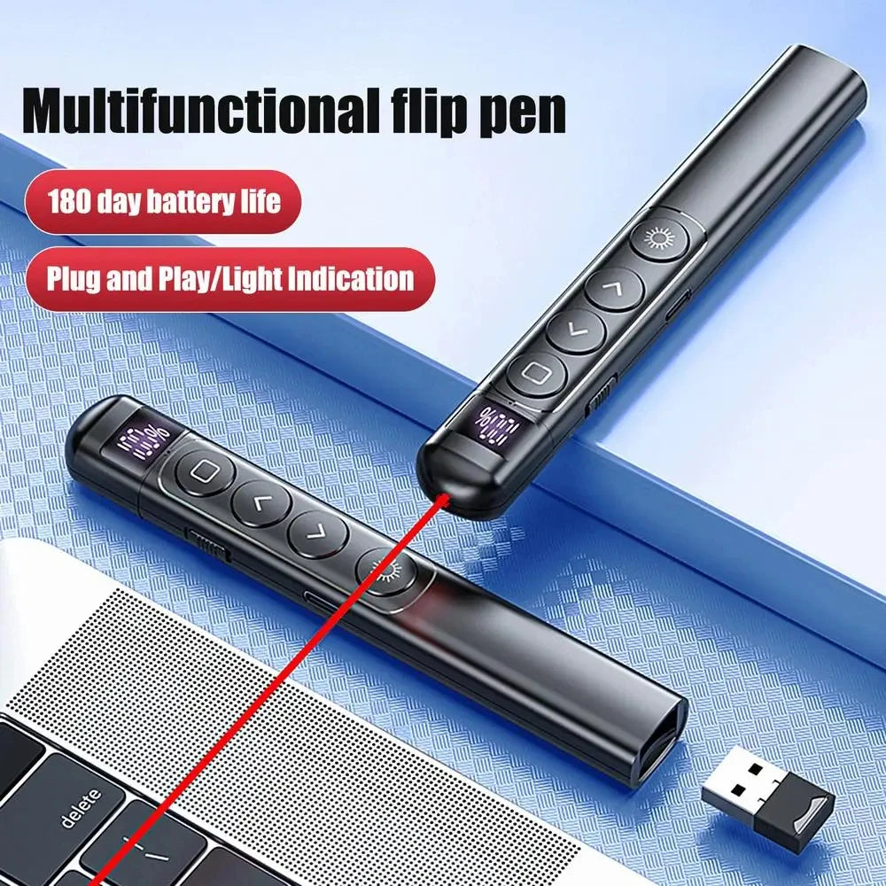 Clicker de presentación con bolígrafo abatible inalámbrico, puntero láser RF de 2,4 GHz, control remoto PowerPoint con Control Hyperlink, presentador IR de luz roja