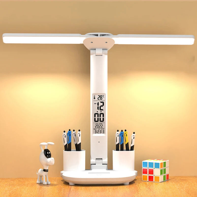 Lámpara de mesa de reloj LED recargable por USB, lámparas de escritorio regulables, 2 cabezales, rotación de 180 grados, protección ocular plegable, luces nocturnas de lectura de escritorio