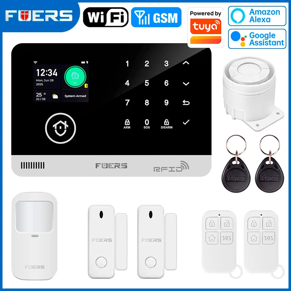 Sistema de alarma FUERS para el hogar TUYA WIFI inteligente GSM alarma de seguridad Host con Sensor de movimiento de puerta Tuya aplicación inteligente control trabajo Alexa
