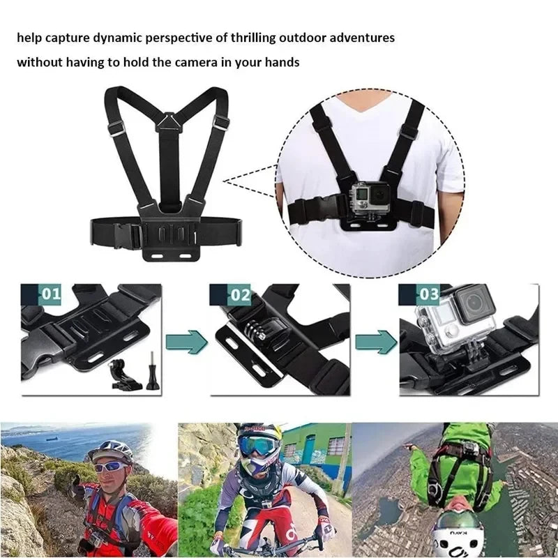 Kit de accesorios para Cámara de Acción todo en uno, correa para la cabeza, soporte para correa para el pecho, ajustable para GoPro Hero Phone Osmo SJCAM AKASO insta360