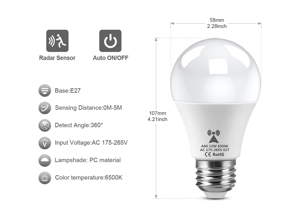 Bombilla LED de detección de Radar de microondas, 220V, E27, 12W, lámpara de inducción de movimiento, Radar incorporado/sensores de luz para escaleras del hogar