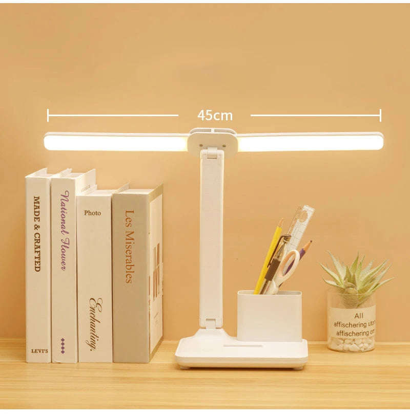 Lámpara de mesa de reloj LED recargable por USB, lámparas de escritorio regulables, 2 cabezales, rotación de 180 grados, protección ocular plegable, luces nocturnas de lectura de escritorio