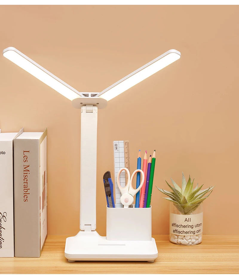 Lámpara de mesa de reloj LED recargable por USB, lámparas de escritorio regulables, 2 cabezales, rotación de 180 grados, protección ocular plegable, luces nocturnas de lectura de escritorio