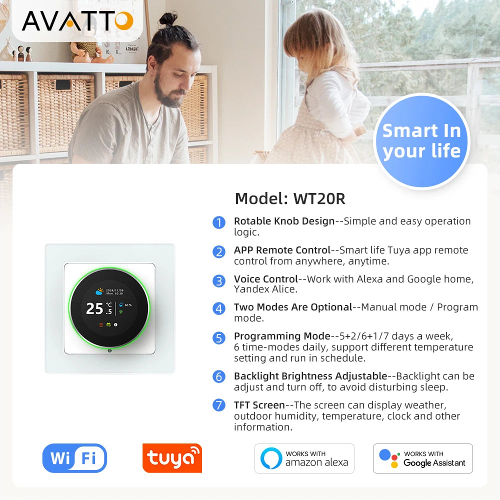 Termostato inteligente AVATTO con WiFi, controlador de temperatura para caldera de agua, gas y calefacción eléctrica, compatible con Tuya, Alexa y Google Home