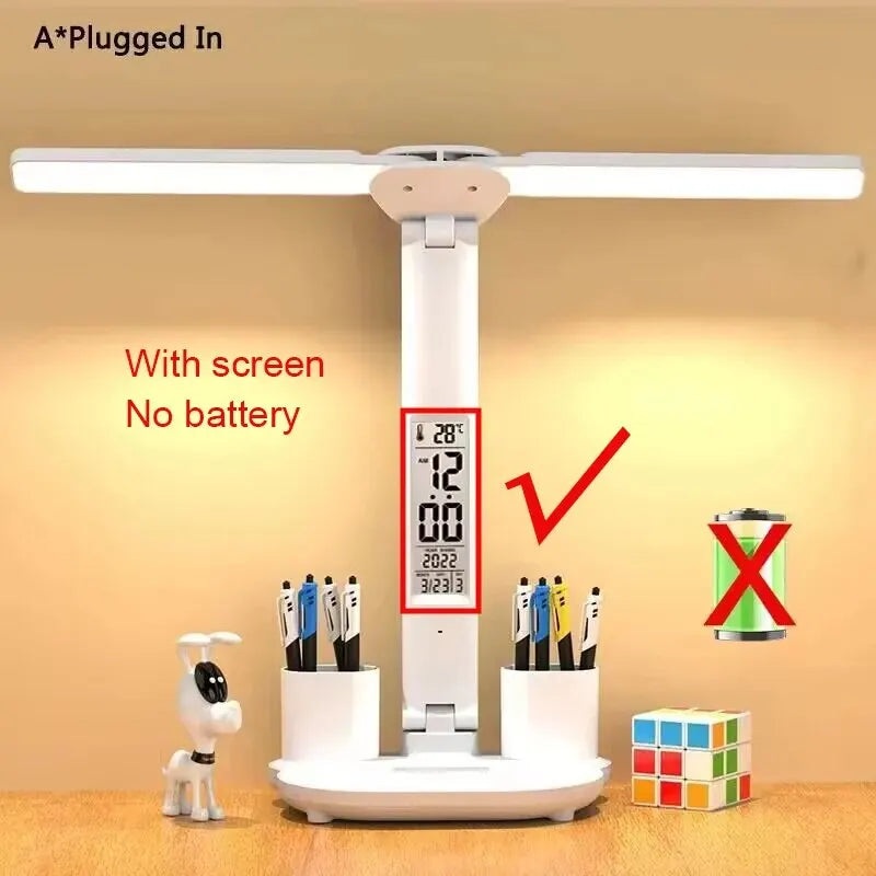 Lámpara de mesa de reloj LED recargable por USB, lámparas de escritorio regulables, 2 cabezales, rotación de 180 grados, protección ocular plegable, luces nocturnas de lectura de escritorio