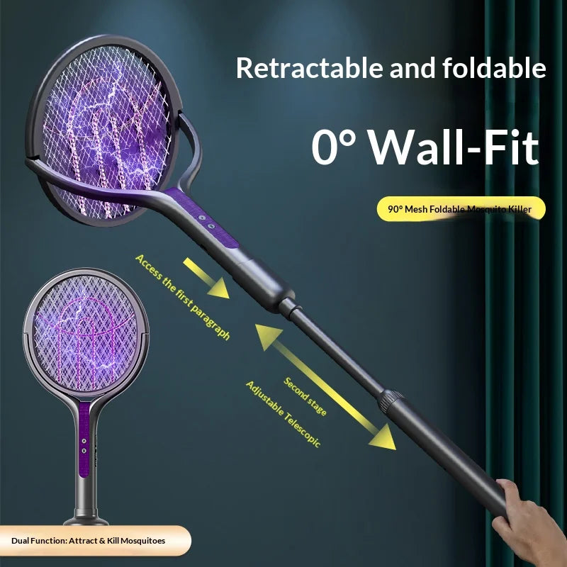 Raqueta Eléctrica Recargable para Matar Insectos con Cabezal Giratorio, Matamoscas y Lámpara Trampa para Mosquitos para Interiores y Exteriores