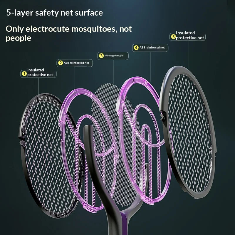Raqueta Eléctrica Recargable para Matar Insectos con Cabezal Giratorio, Matamoscas y Lámpara Trampa para Mosquitos para Interiores y Exteriores