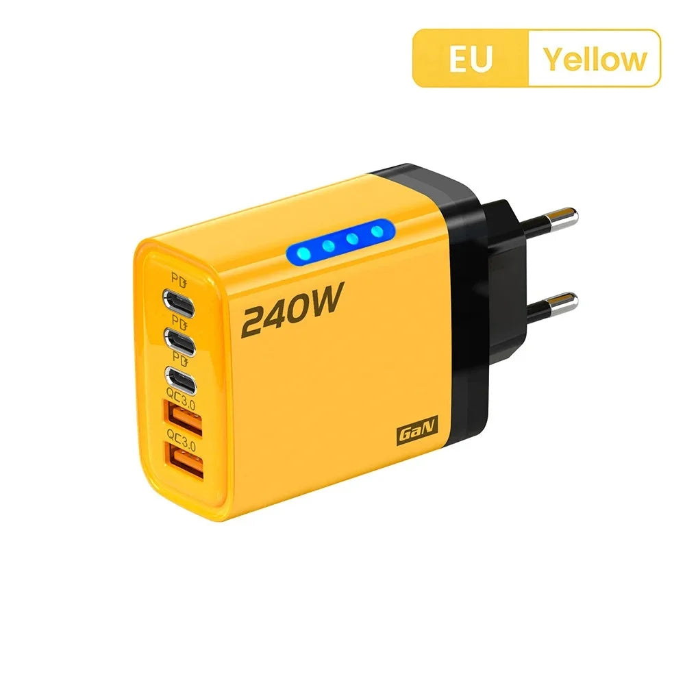 Cargador rápido GaN 5 en 1 de 240W, cargador de pared USB C multipuerto, adaptador de PC ignífugo con luz LED para iPhone, Samsung, Xiaomi, enchufe UE/EE. UU.