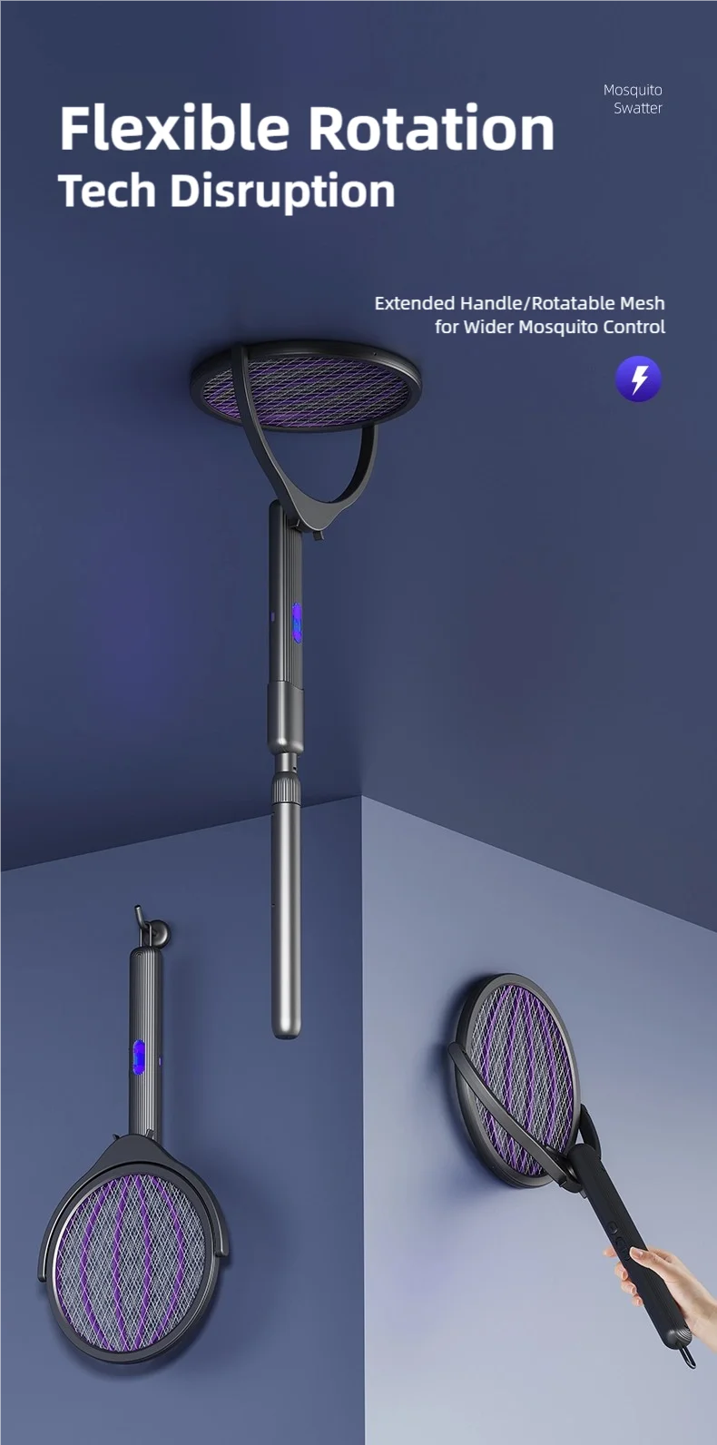 Raqueta Eléctrica Retráctil para Mosquitos TINSOL, Recargable, con Cabezal Giratorio, Mata Mosquitos de Doble Uso para Interiores y Exteriores