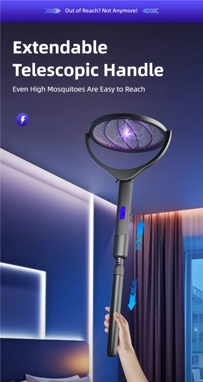 Raqueta Eléctrica Retráctil para Mosquitos TINSOL, Recargable, con Cabezal Giratorio, Mata Mosquitos de Doble Uso para Interiores y Exteriores