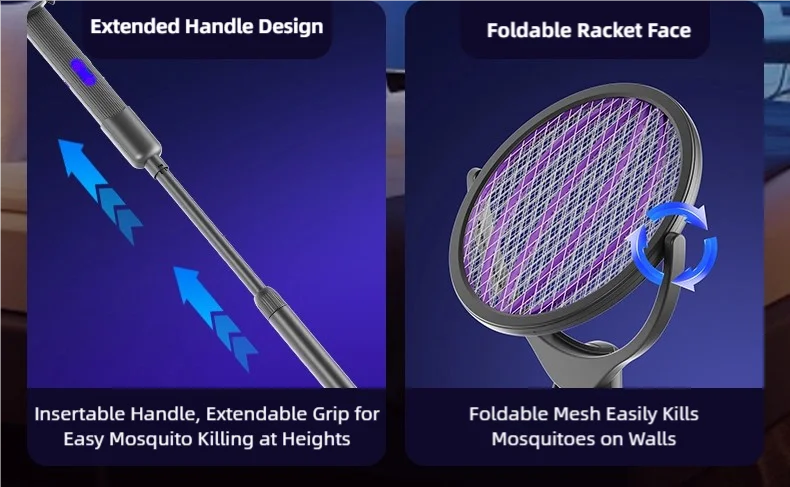 Raqueta Eléctrica Retráctil para Mosquitos TINSOL, Recargable, con Cabezal Giratorio, Mata Mosquitos de Doble Uso para Interiores y Exteriores