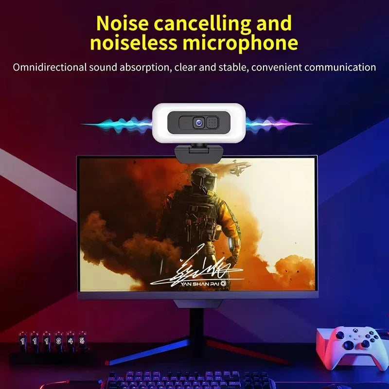 Cámara web Lenovo 2K/4K Ultra HD con enfoque automático, micrófono, luz y cubierta de protección de privacidad para transmisiones en vivo flexibles