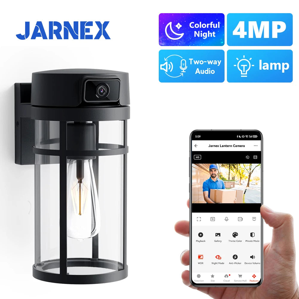 Cámara de Seguridad WiFi PTZ 2K para Exteriores Jarnex, con Detección Humana por IA, Luz para Patio, 4MP, Audio Bidireccional, Lámpara de Jardín PTZ