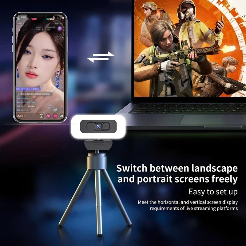 Cámara web Lenovo 2K/4K Ultra HD con enfoque automático, micrófono, luz y cubierta de protección de privacidad para transmisiones en vivo flexibles