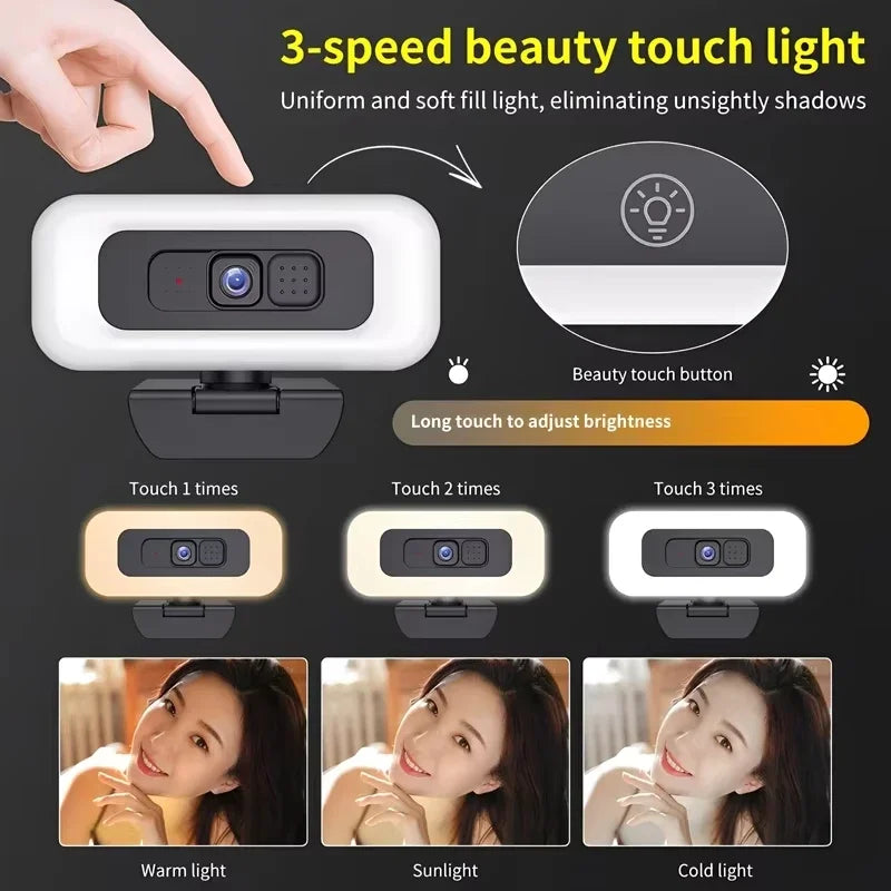 Cámara web Lenovo 2K/4K Ultra HD con enfoque automático, micrófono, luz y cubierta de protección de privacidad para transmisiones en vivo flexibles