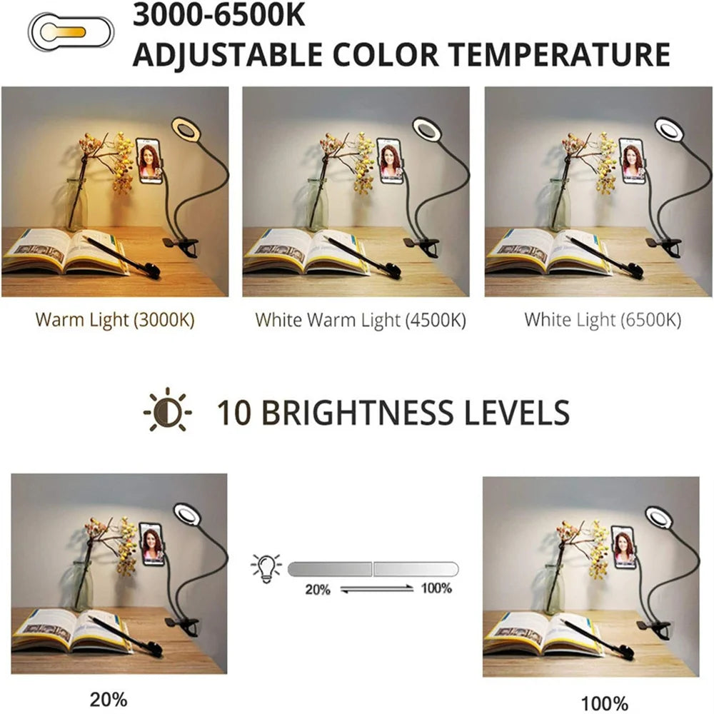 Anillo de luz para Selfie con soporte para teléfono, luz para Selfie con Clip, cuello de cisne Flexible ajustable, lámpara de anillo de escritorio 2 en 1 para transmisión en vivo