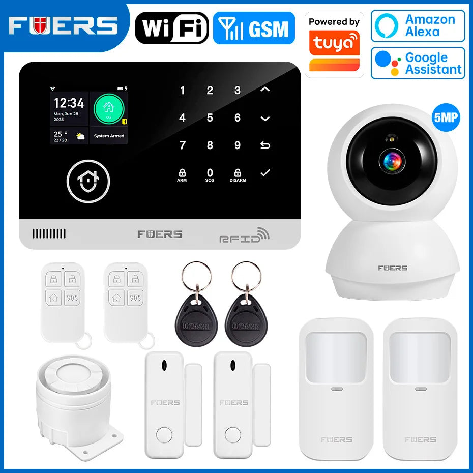 Sistema de alarma FUERS para el hogar TUYA WIFI inteligente GSM alarma de seguridad Host con Sensor de movimiento de puerta Tuya aplicación inteligente control trabajo Alexa