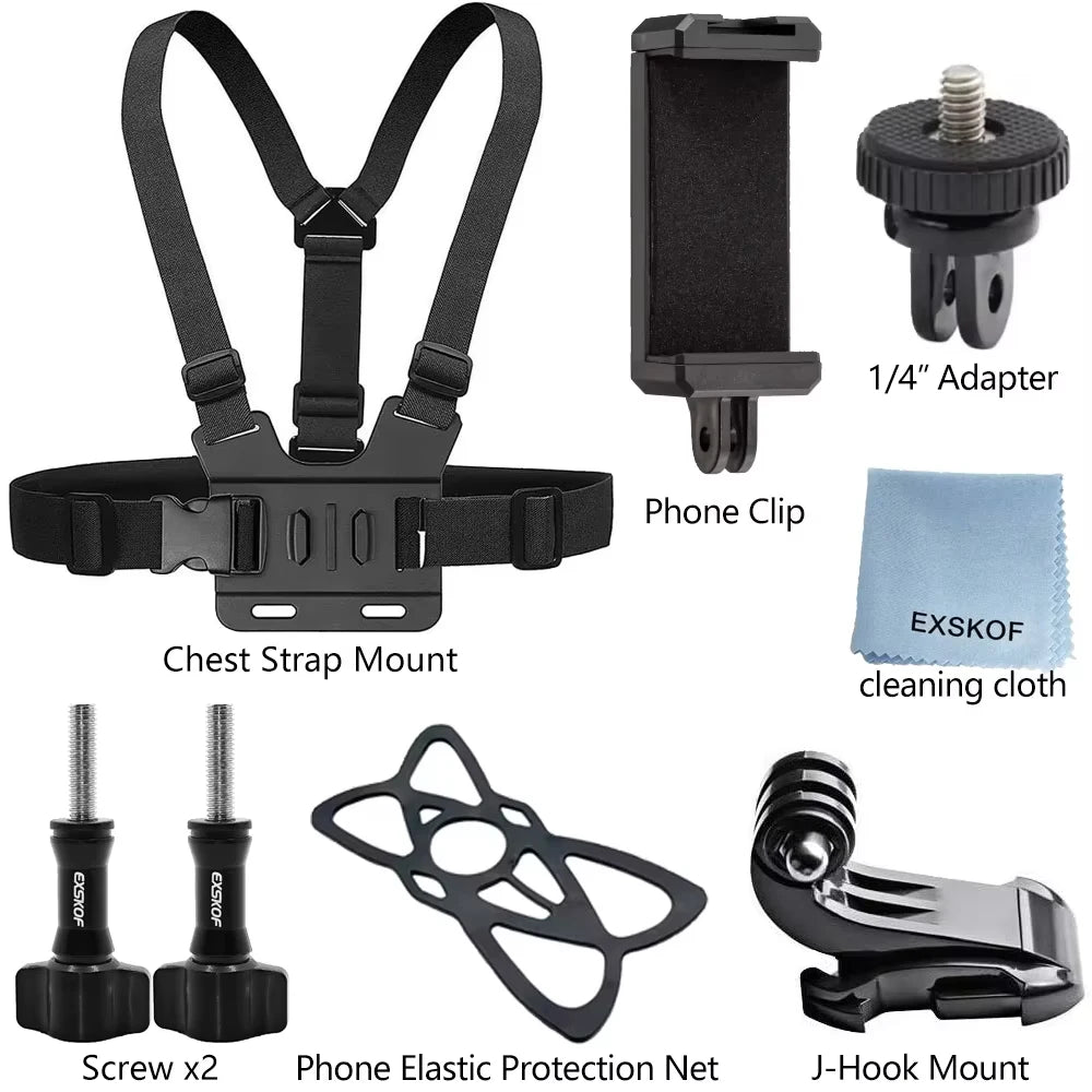 Kit de accesorios para Cámara de Acción todo en uno, correa para la cabeza, soporte para correa para el pecho, ajustable para GoPro Hero Phone Osmo SJCAM AKASO insta360