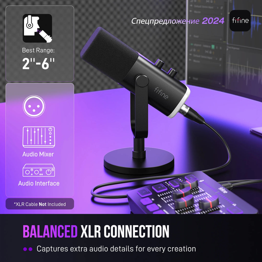 Micrófono dinámico FIFINE USB/XLR con Control RGB/conector para auriculares/mú, micrófono para grabación de juegos de PC Streaming AmpliGame-AM8