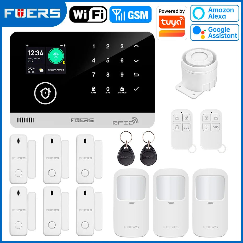 Sistema de alarma FUERS para el hogar TUYA WIFI inteligente GSM alarma de seguridad Host con Sensor de movimiento de puerta Tuya aplicación inteligente control trabajo Alexa