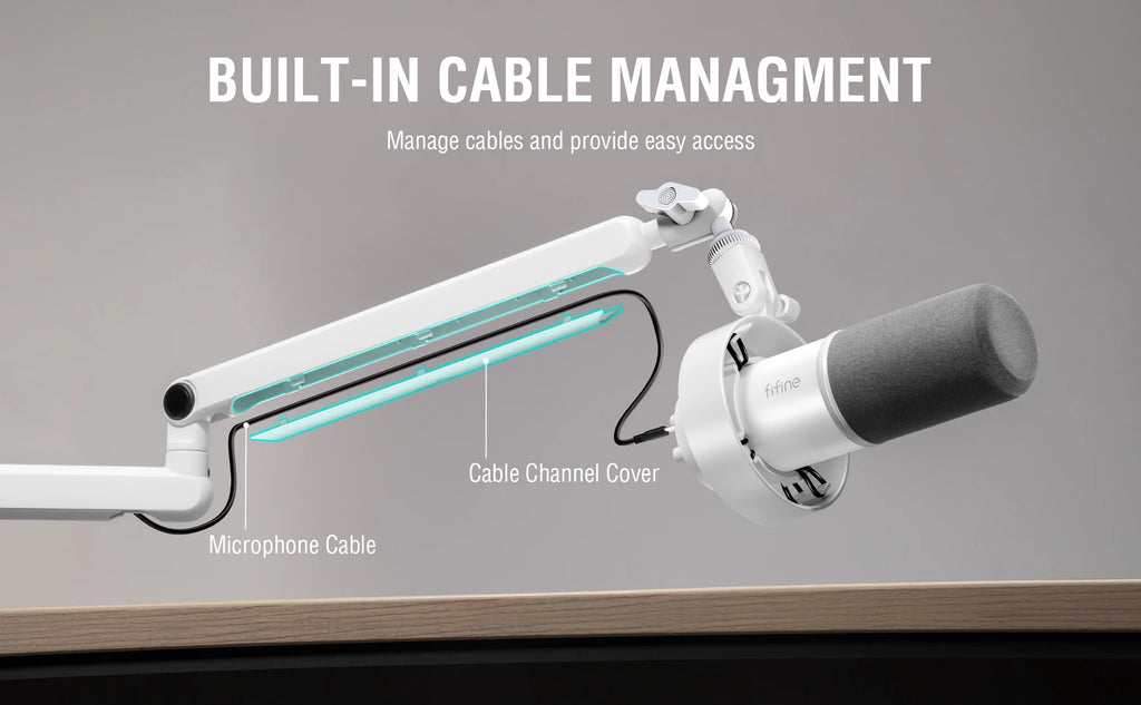 FIFINE Brazo de brazo de micrófono, brazo de micrófono ajustable de perfil bajo con abrazadera de montaje en escritorio, almacenamiento de cables para juegos en streaming-Blanco BM88W