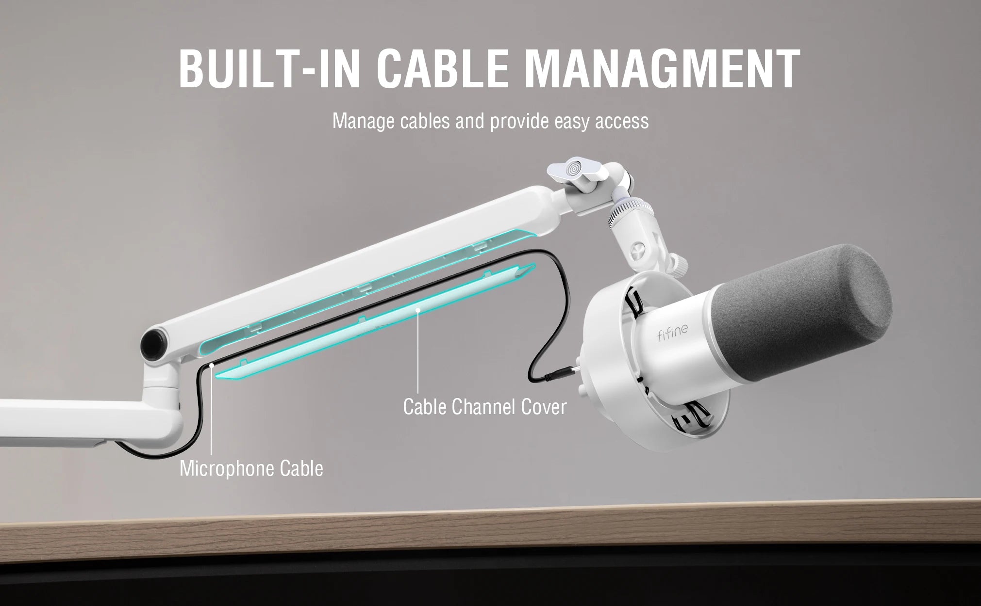 FIFINE Brazo de brazo de micrófono, brazo de micrófono ajustable de perfil bajo con abrazadera de montaje en escritorio, almacenamiento de cables para juegos en streaming-Blanco BM88W