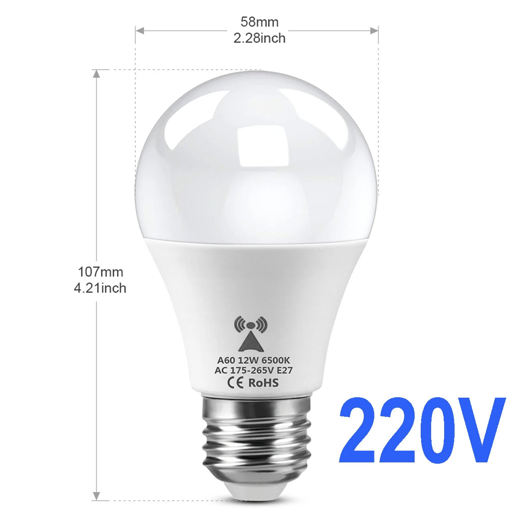 Bombilla LED de detección de Radar de microondas, 220V, E27, 12W, lámpara de inducción de movimiento, Radar incorporado/sensores de luz para escaleras del hogar