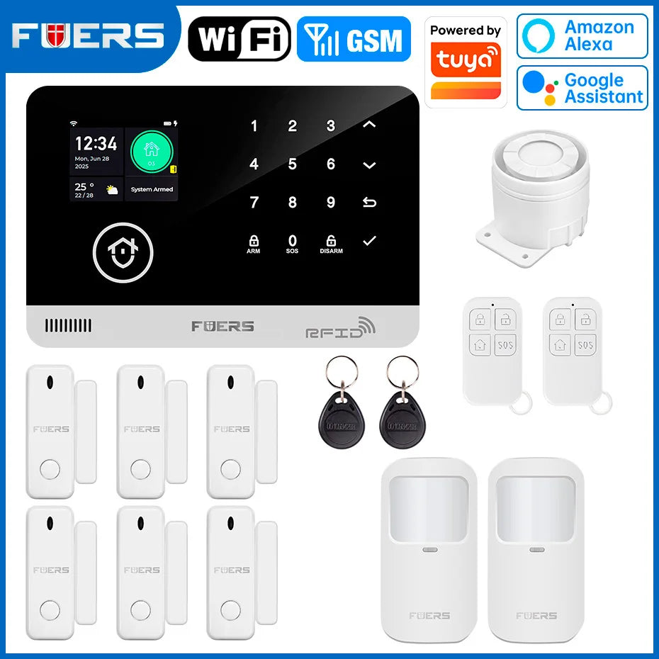 Sistema de alarma FUERS para el hogar TUYA WIFI inteligente GSM alarma de seguridad Host con Sensor de movimiento de puerta Tuya aplicación inteligente control trabajo Alexa