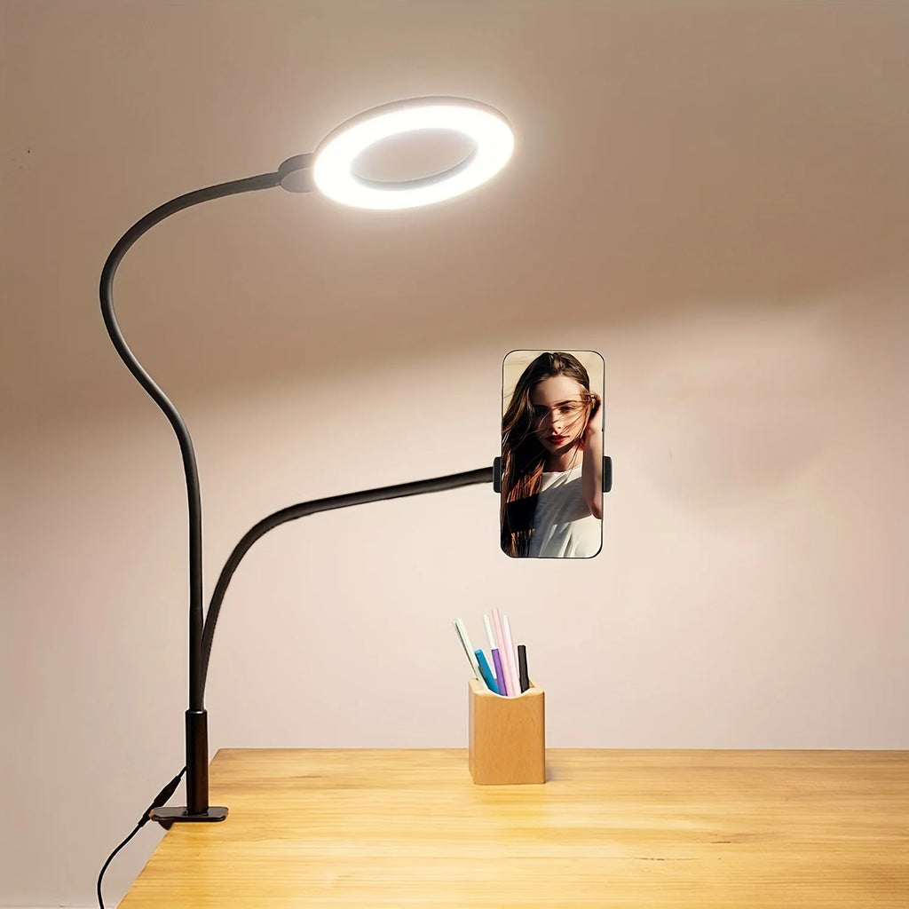 Anillo de luz para Selfie con soporte para teléfono, luz para Selfie con Clip, cuello de cisne Flexible ajustable, lámpara de anillo de escritorio 2 en 1 para transmisión en vivo