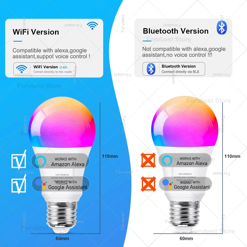 Bombilla LED inteligente Tuya E27 RGB CW 15W 20W WiFi Bluetooth lámpara Led decoración del hogar iluminación 220V 110V para Alexa Amazon Google Voice