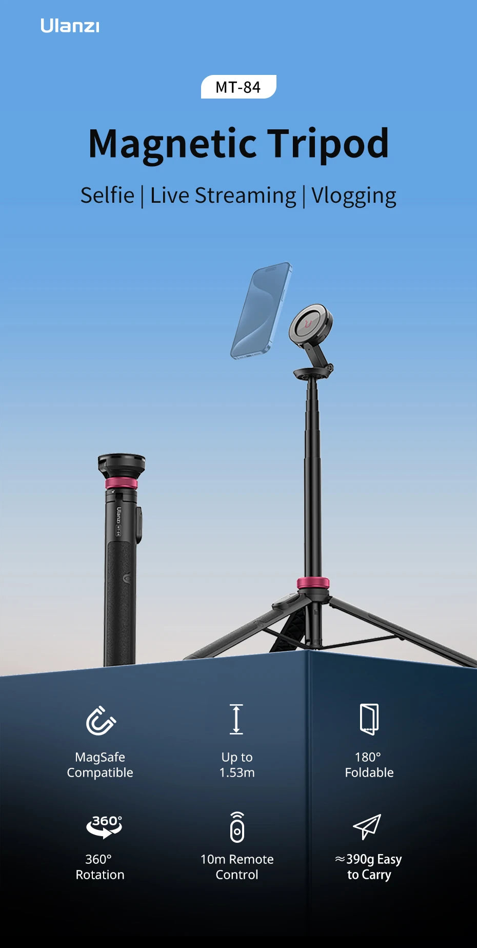 Ulanzi MT-84 1,53 M Magsafe Selfie Stick trípode soporte Bluetooth extensión de teléfono remoto trípode para IPhone 16 15 LiveStreaming Vlog