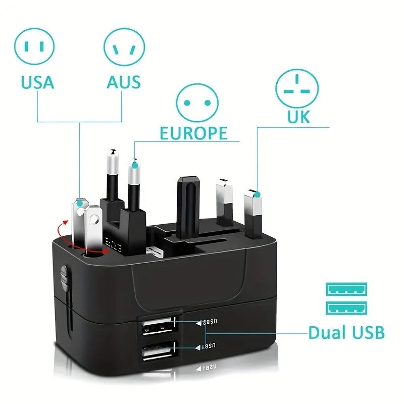 Adaptador de viaje Universal para EE. UU., UE, Reino Unido, AUS, adaptador de cargador, convertidor de salida, adaptador de enchufe con puerto USB Dual