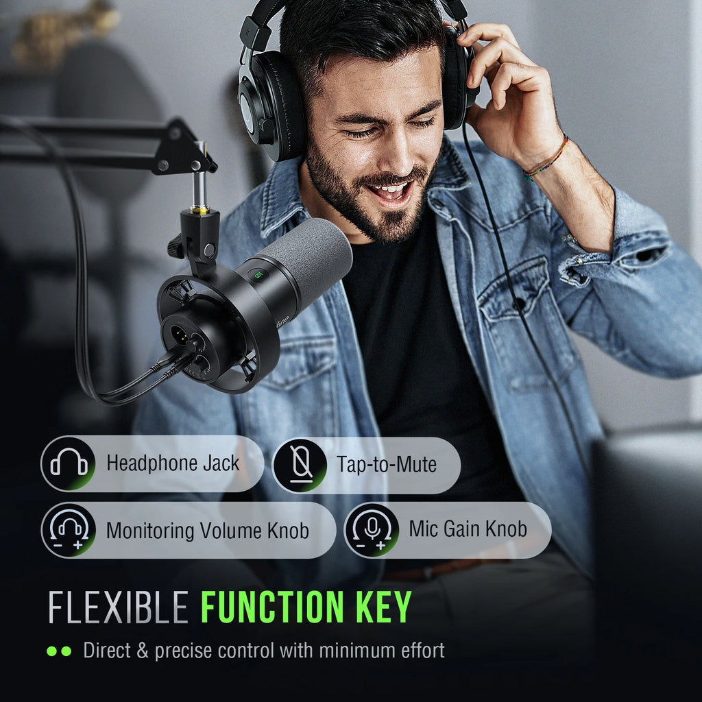 Micrófono dinámico FIFINE USB/XLR con soporte de choque, tecla táctil, conector para auriculares y Control de volumen, para grabación de PC o tarjeta de sonido-K688