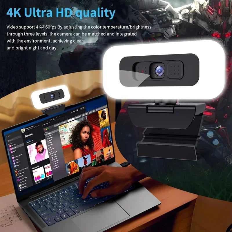 Cámara web Lenovo 2K/4K Ultra HD con enfoque automático, micrófono, luz y cubierta de protección de privacidad para transmisiones en vivo flexibles