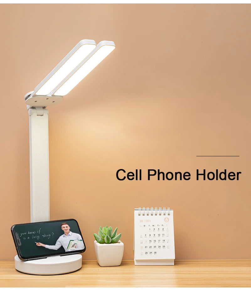 Lámpara de mesa de reloj LED recargable por USB, lámparas de escritorio regulables, 2 cabezales, rotación de 180 grados, protección ocular plegable, luces nocturnas de lectura de escritorio