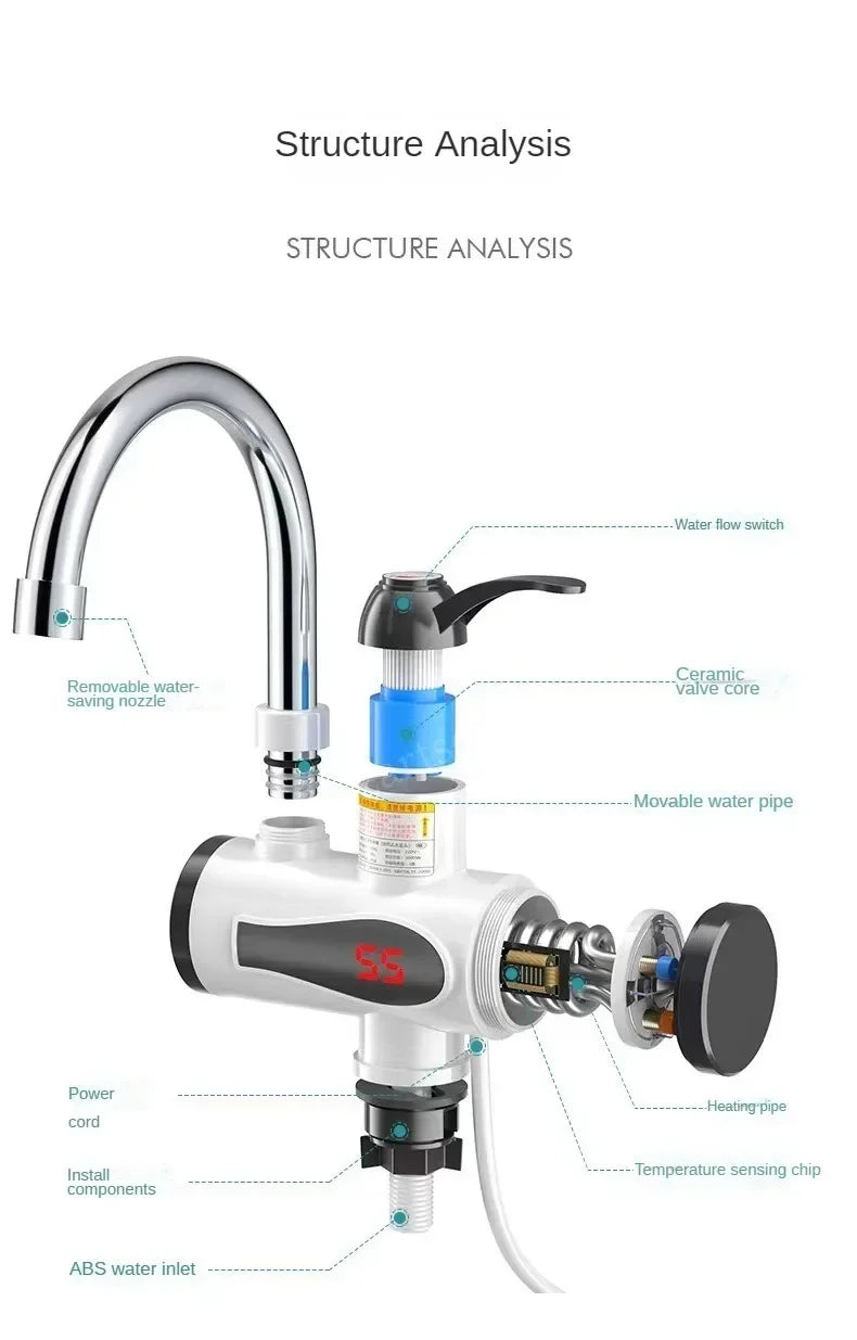 Calentador de agua eléctrico de cocina de 3000W, grifo de agua caliente instantáneo, grifo de calefacción en frío, calentador de agua instantáneo sin tanque
