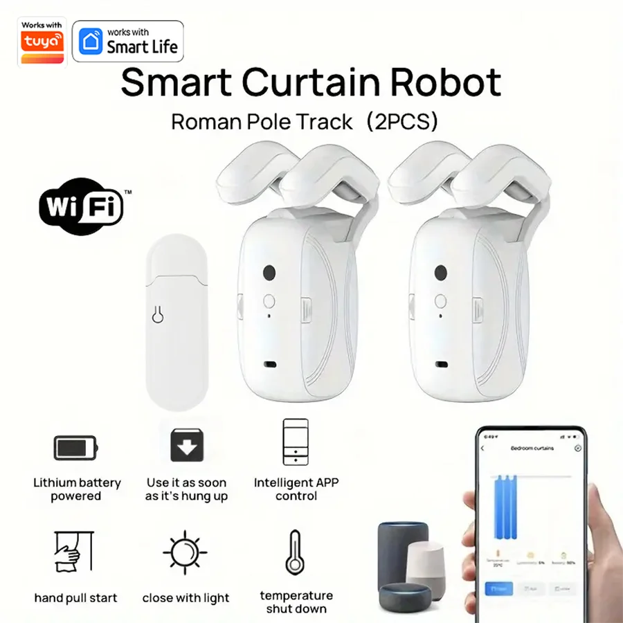 Robot de cortina WiFi inteligente con puerta de enlace Wi-Fi, Control de aplicación remota, arranque manual de apertura automática, Compatible con Alexa, 1/2 Uds.