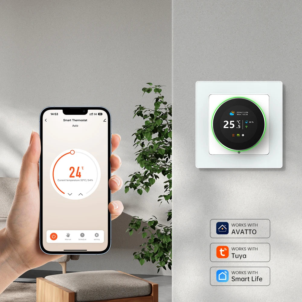 Termostato inteligente AVATTO con WiFi, controlador de temperatura para caldera de agua, gas y calefacción eléctrica, compatible con Tuya, Alexa y Google Home