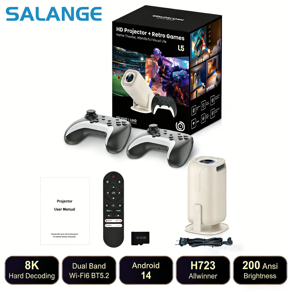 Proyector de Videojuegos Salange U5 con Android 14, Compatible con Netflix Oficialmente Licenciado, Más de 36000 Juegos, Control Remoto Inalámbrico con Bluetooth y Control por Voz